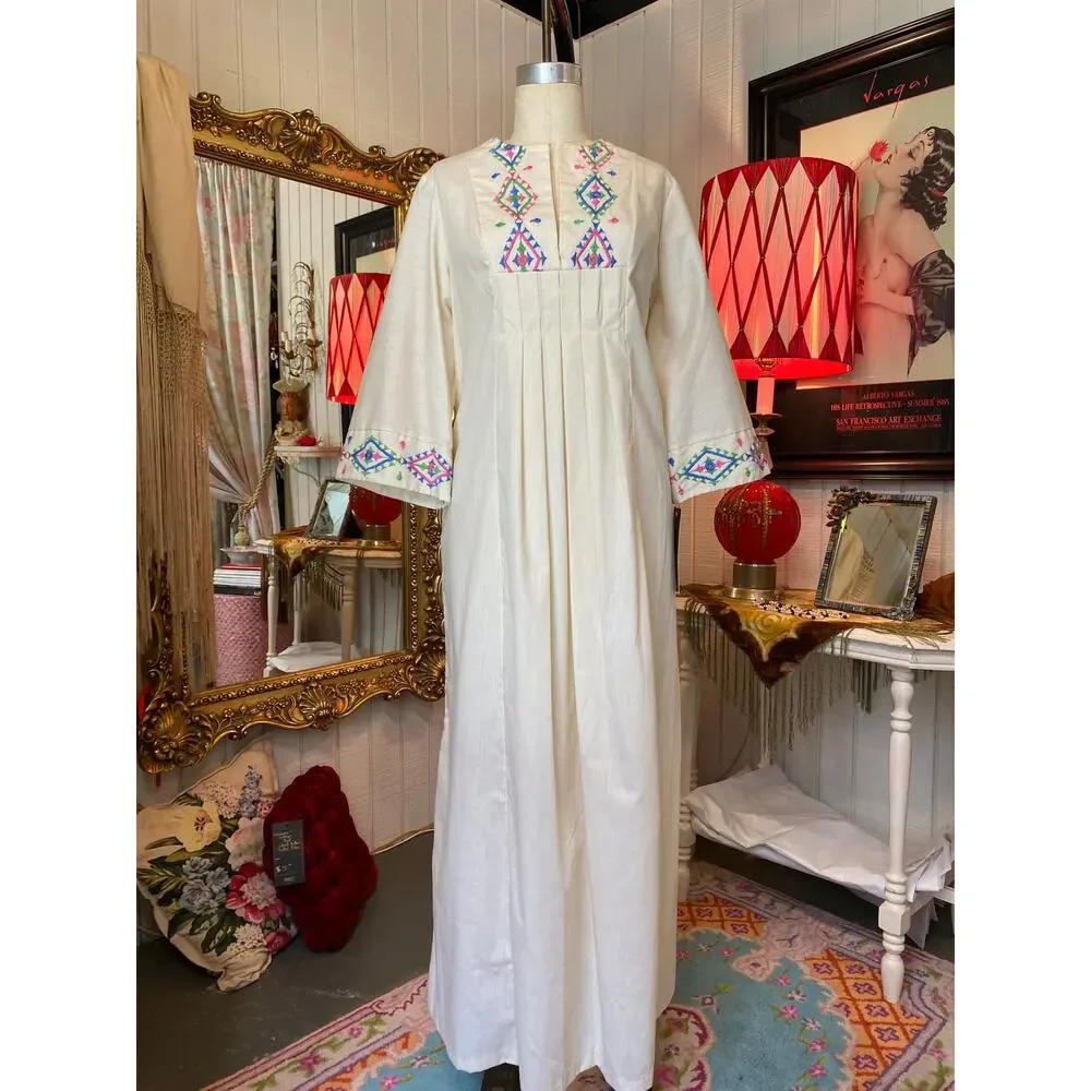 vintage 1970s cotton embroidered kaftan 70s loungewear southwestern maxi dress - Picture 1 of 10